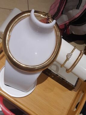 MASSIVE Gold OMEGA Necklace Cobra Chain Collar 2 Bangle Bracelets Crystal Heart